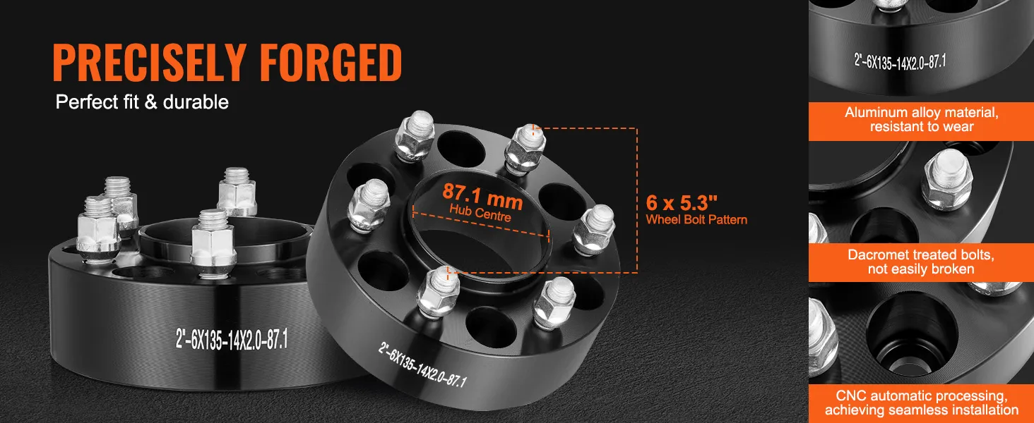 VEVOR wheel spacers, aluminum alloy, 87.1 mm hub center, 6x5.3" bolt pattern, durable cnc finish.