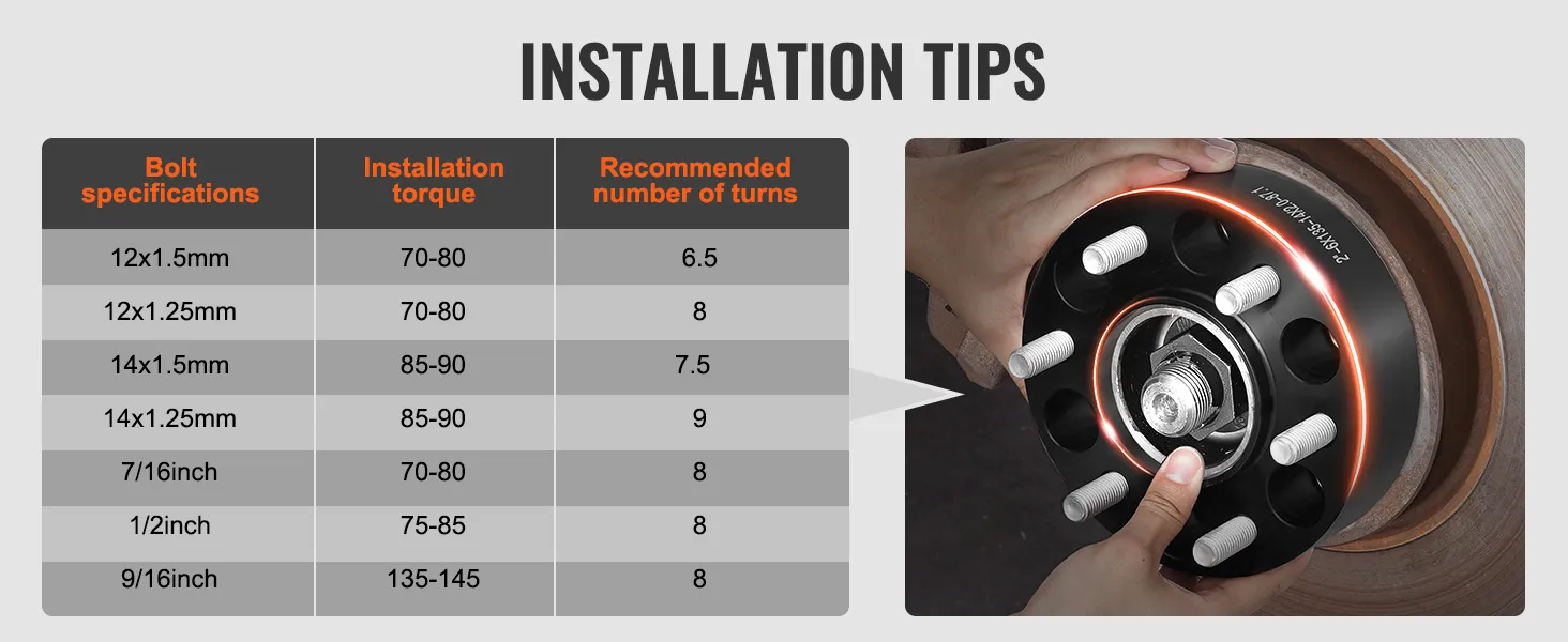 VEVOR wheel spacers installation tips with bolt specifications, torque values, and recommended turns.
