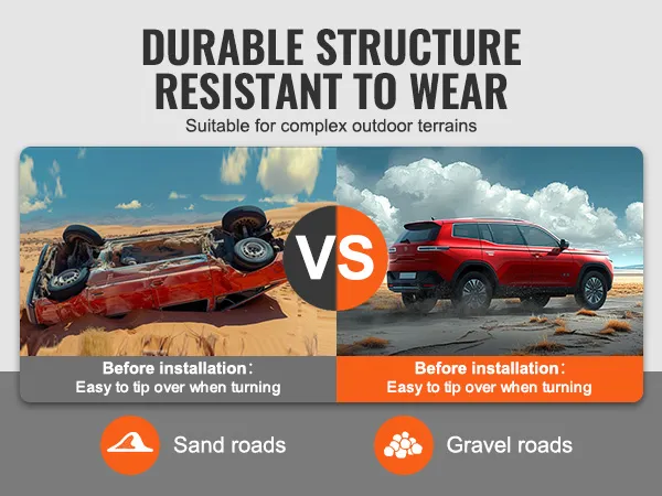 VEVOR wheel spacers: before and after installation comparison showing vehicle stability on sand and gravel roads.