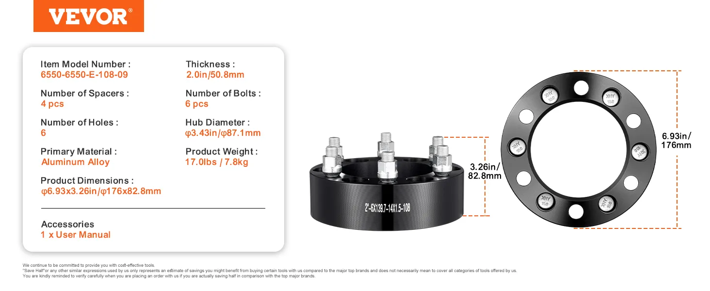 VEVOR wheel spacers specs: aluminum alloy, 2in thickness, 6 holes, 6 bolts, hub diameter 87.1mm.