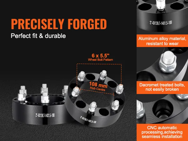 VEVOR wheel spacers, 6x5.5" bolt pattern, 108mm hub center, aluminum alloy, dacromet treated bolts.
