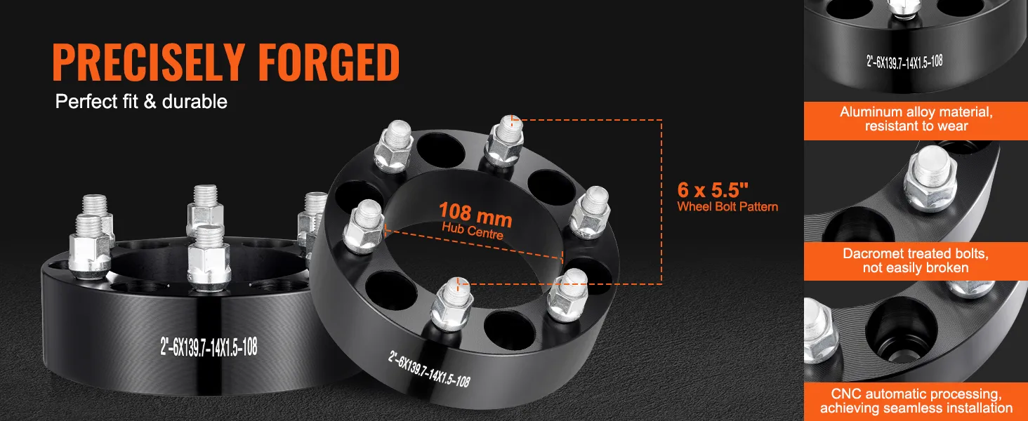 VEVOR wheel spacers, 6x5.5" bolt pattern, 108mm hub center, aluminum alloy, dacromet treated bolts.