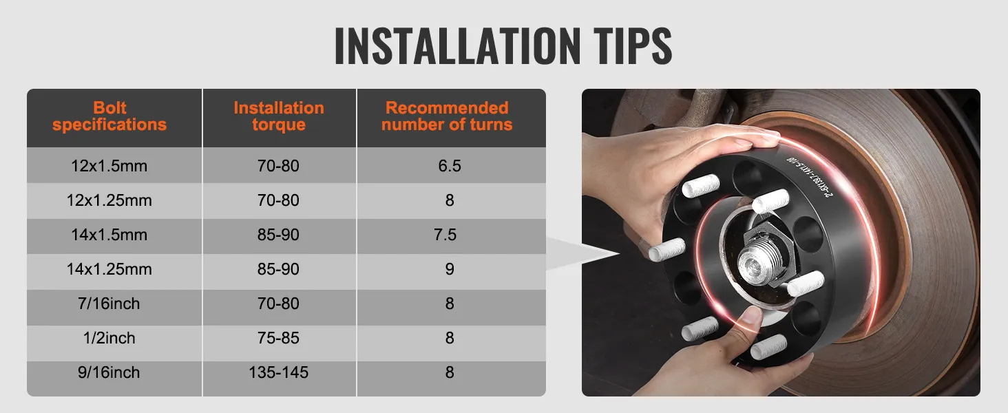 VEVOR wheel spacers installation tips table with torque and turns specifications.