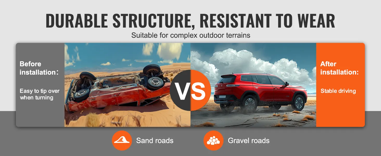 VEVOR wheel spacers: before installation, car tipping on sand; after installation, stable red suv on gravel.