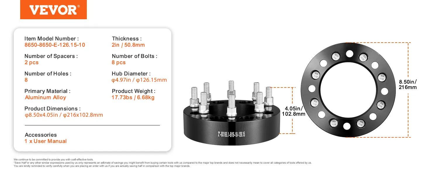 VEVOR wheel spacers specifications with aluminum alloy, 2in thickness, 8 bolts, and 4.05in hub diameter.