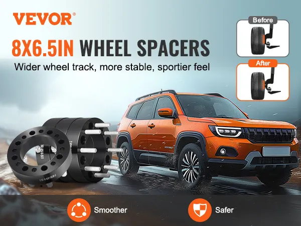 VEVOR wheel spacers 8x6.5in, smoother and safer driving, orange suv on a foggy road.