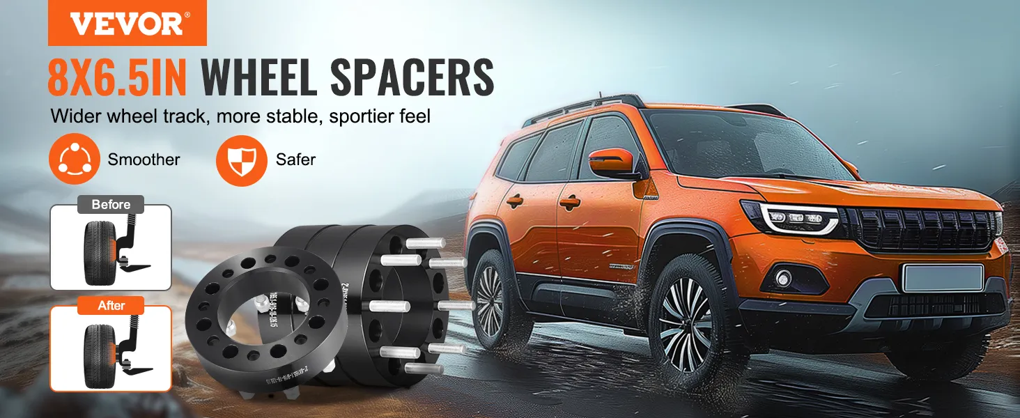 VEVOR wheel spacers 8x6.5in, smoother and safer driving, orange suv on a foggy road.