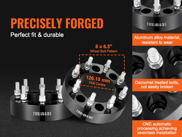 VEVOR wheel spacers precisely forged, 126.15mm hub center, 8x6.5" bolt pattern, aluminum alloy, durable.