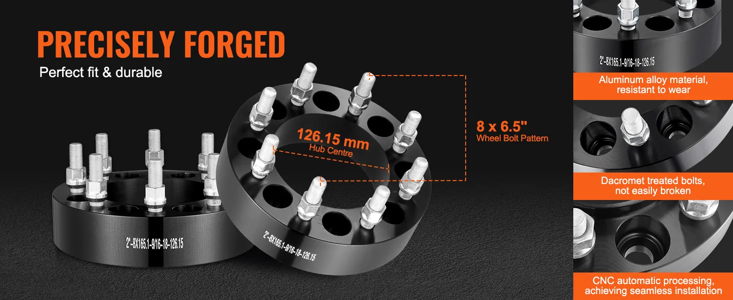 VEVOR wheel spacers precisely forged, 126.15mm hub center, 8x6.5" bolt pattern, aluminum alloy, durable.