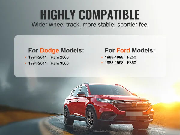 red suv on winding road next to compatibility list for dodge and ford models with VEVOR wheel spacers.