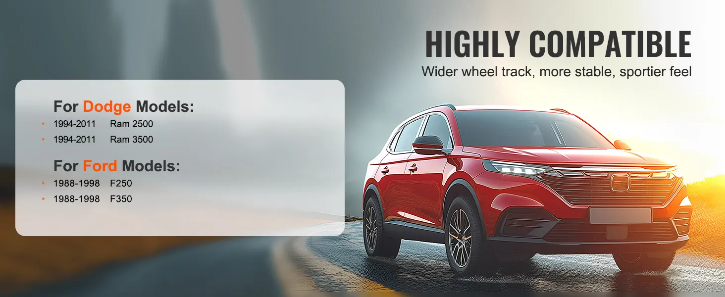 red suv on winding road next to compatibility list for dodge and ford models with VEVOR wheel spacers.