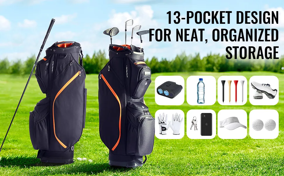 VEVOR-Golfcart-Tasche mit 13-Taschen-Design für geordnete Aufbewahrung auf einem üppigen, grünen Golfplatz.