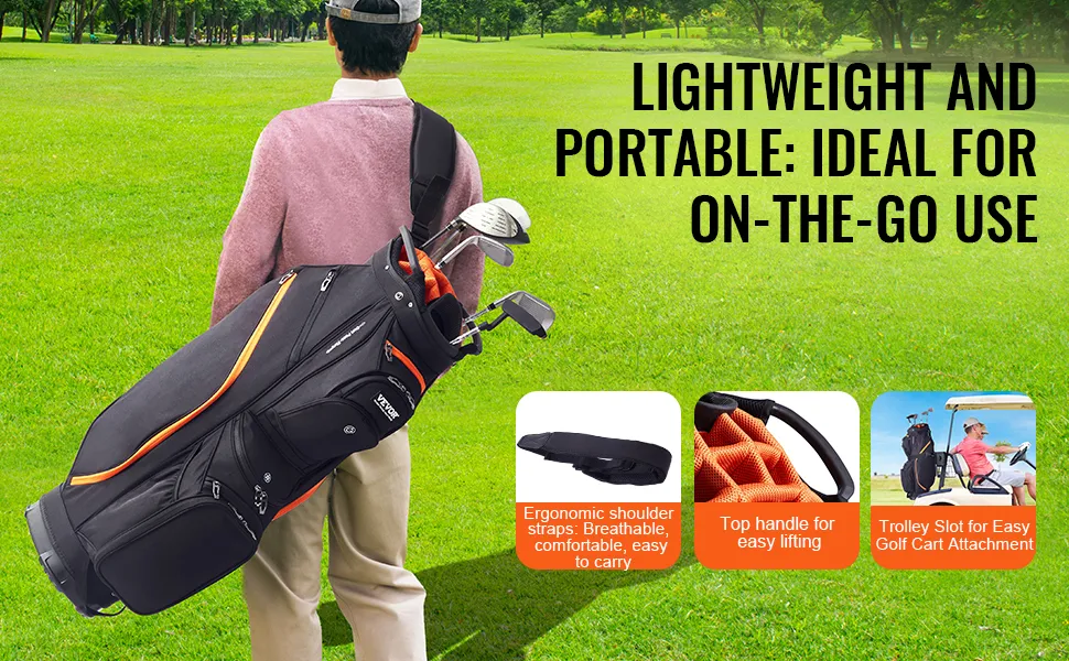 Person, die auf einer grünen Wiese eine VEVOR-Golfcart-Tasche mit ergonomischen Riemen und Trolley-Schlitz trägt.