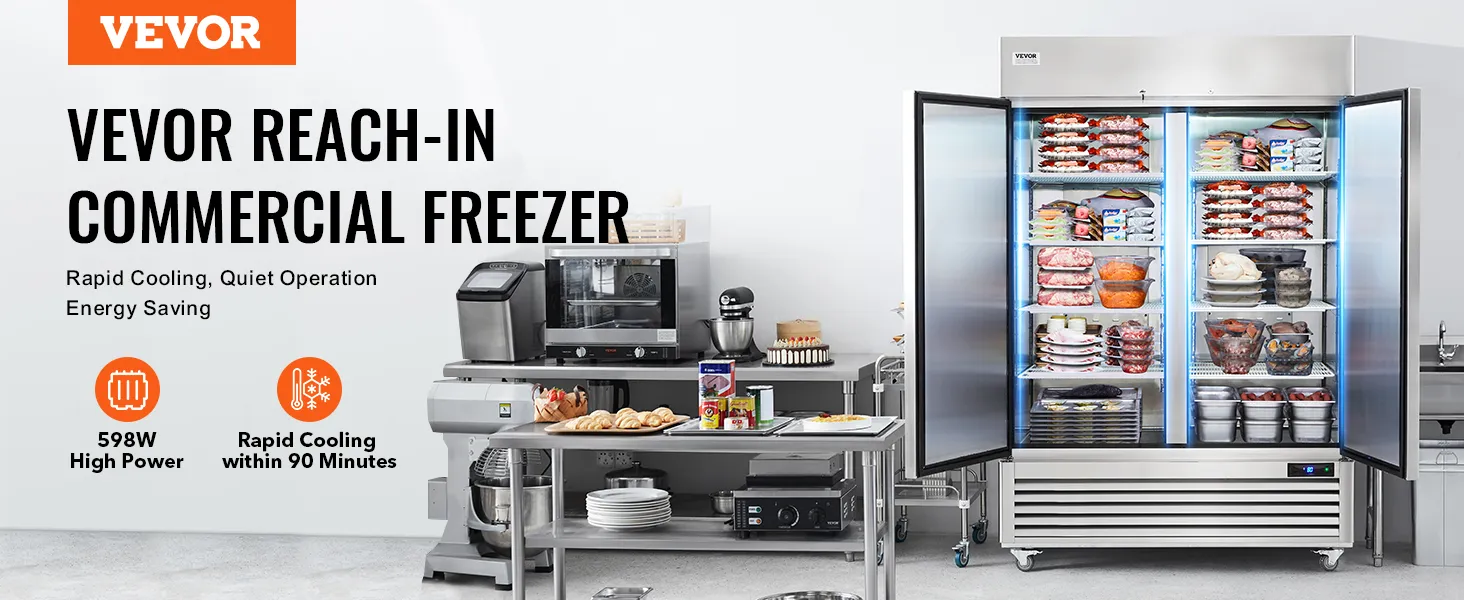 VEVOR-diepvrieskast met open deuren, gevulde planken en een aanrechtblad.