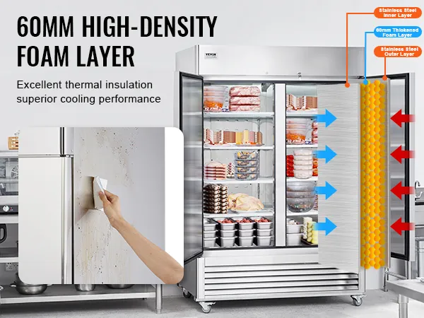 VEVOR commerciële vriezer met 60 mm dikke schuimlaag met hoge dichtheid, met uitstekende thermische isolatie.