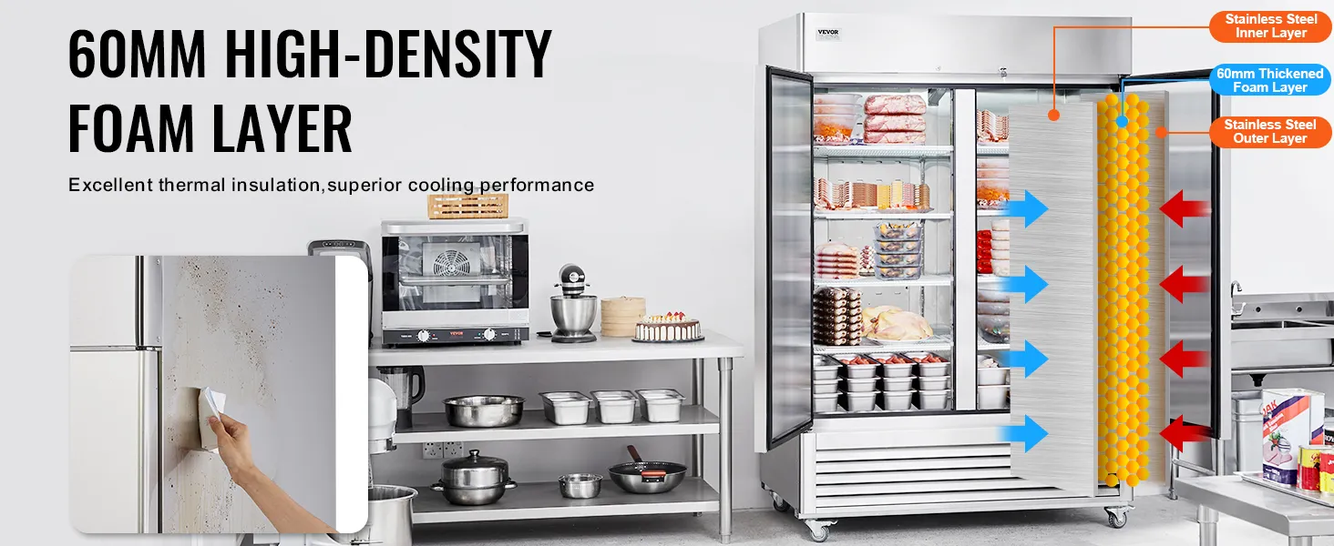 VEVOR commerciële vriezer met 60 mm dikke schuimlaag met hoge dichtheid, met uitstekende thermische isolatie.