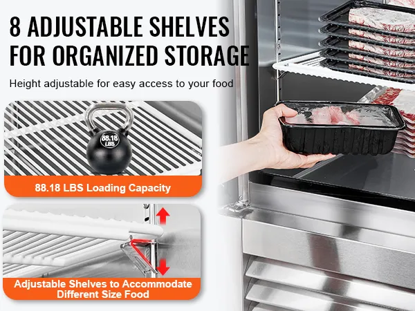 VEVOR commerciële vriezer met 8 verstelbare planken, laadvermogen van 40,5 kg, georganiseerde opslag van voedsel.