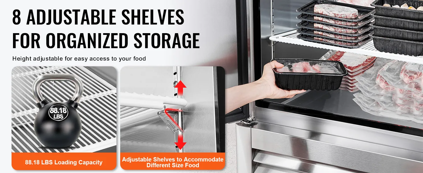 VEVOR commerciële vriezer met 8 verstelbare planken, laadvermogen van 40,5 kg, georganiseerde opslag van voedsel.