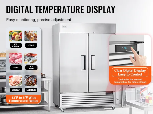 VEVOR commerciële vriezer met digitale temperatuurweergave, instelbaar voor ijs, zeevruchten en vlees.