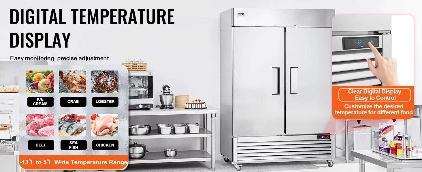 VEVOR commerciële vriezer met digitale temperatuurweergave, instelbaar voor ijs, zeevruchten en vlees.