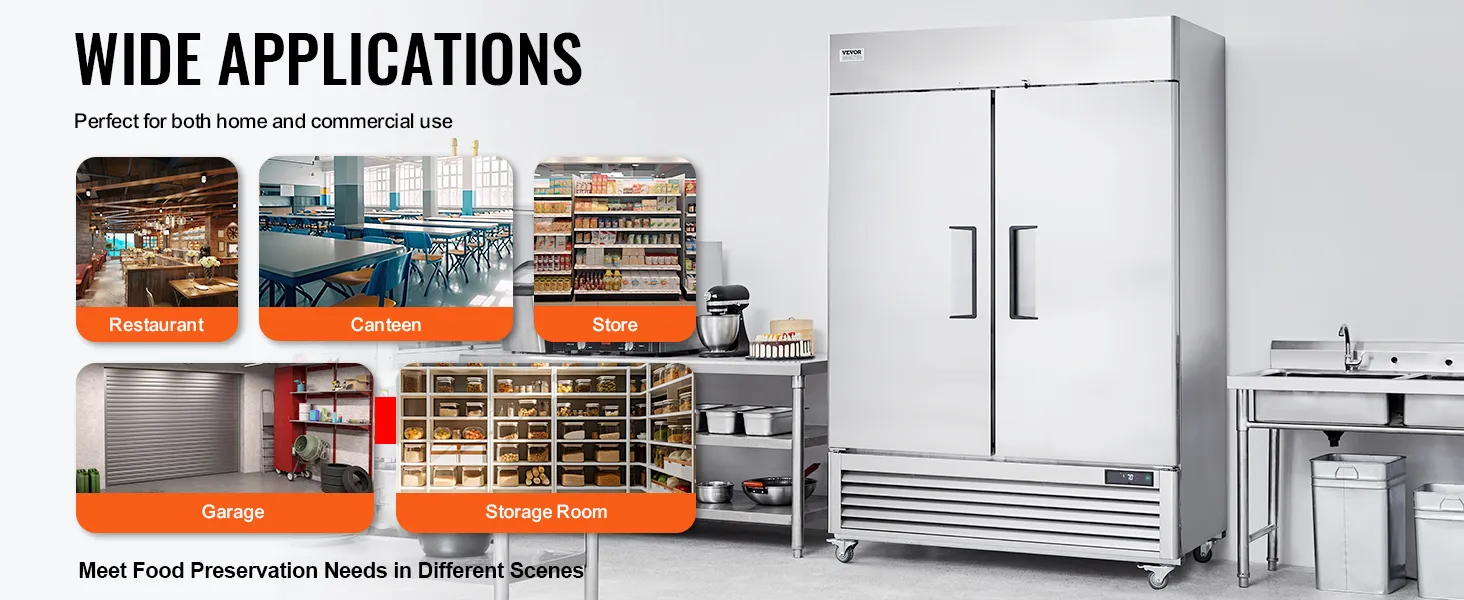 VEVOR commerciële vriezer voor veelzijdig gebruik in restaurants, kantines, winkels, garages en opslagruimtes.