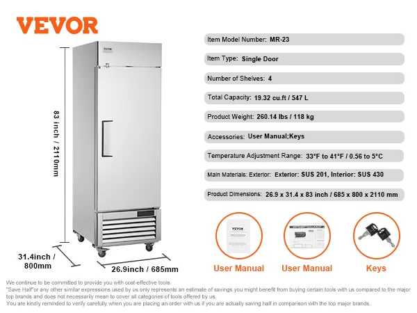 VEVOR commerciële koelkast mr-23, enkele deur, 19,32 cu.ft, 4 planken, 260,14 lbs, afmetingen 26,9"x31,4"x83".