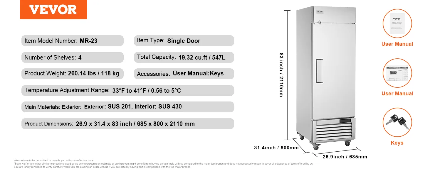 VEVOR commerciële koelkast mr-23, enkele deur, 19,32 cu.ft, 4 planken, 260,14 lbs, afmetingen 26,9"x31,4"x83".