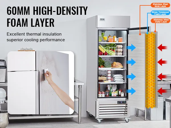 VEVOR commerciële koelkast met 60 mm schuim voor superieure koeling; binnen- en buitenlagen van roestvrij staal.