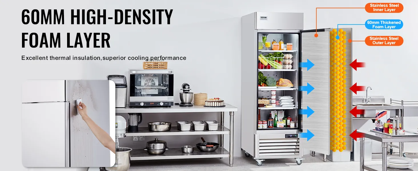 VEVOR commerciële koelkast met 60 mm schuim voor superieure koeling; binnen- en buitenlagen van roestvrij staal.