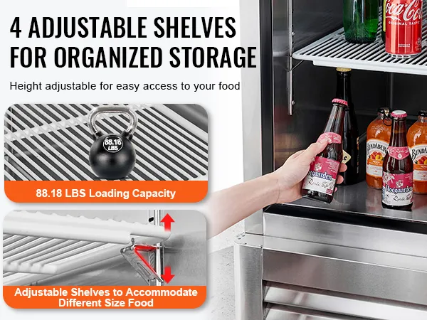 VEVOR commerciële koelkast met 4 verstelbare planken voor overzichtelijke opslag van dranken.