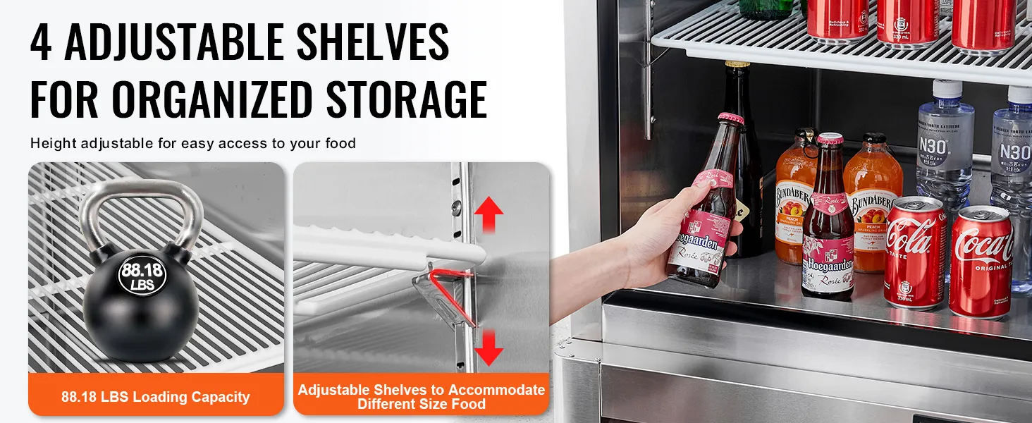 VEVOR commerciële koelkast met 4 verstelbare planken voor overzichtelijke opslag van dranken.