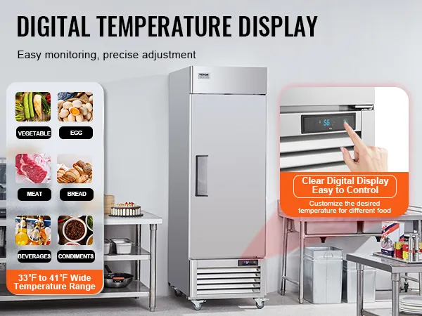VEVOR commerciële koelkast met digitale temperatuurweergave, instelbaar voor groenten, eieren, vlees en meer.