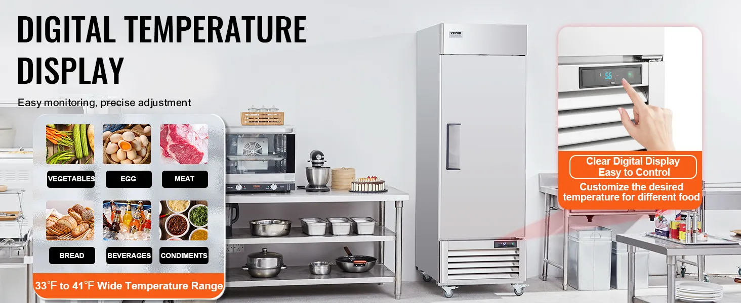 VEVOR commerciële koelkast met digitale temperatuurweergave, instelbaar voor groenten, eieren, vlees en meer.