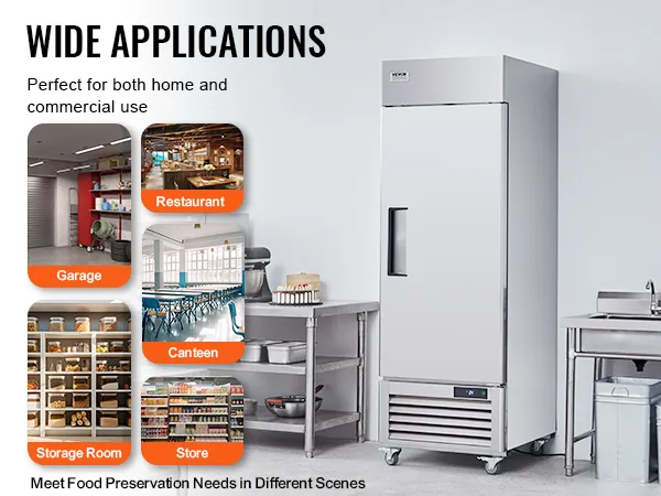 VEVOR commerciële koelkast in verschillende omgevingen: restaurant, kantine, winkel, garage, berging.