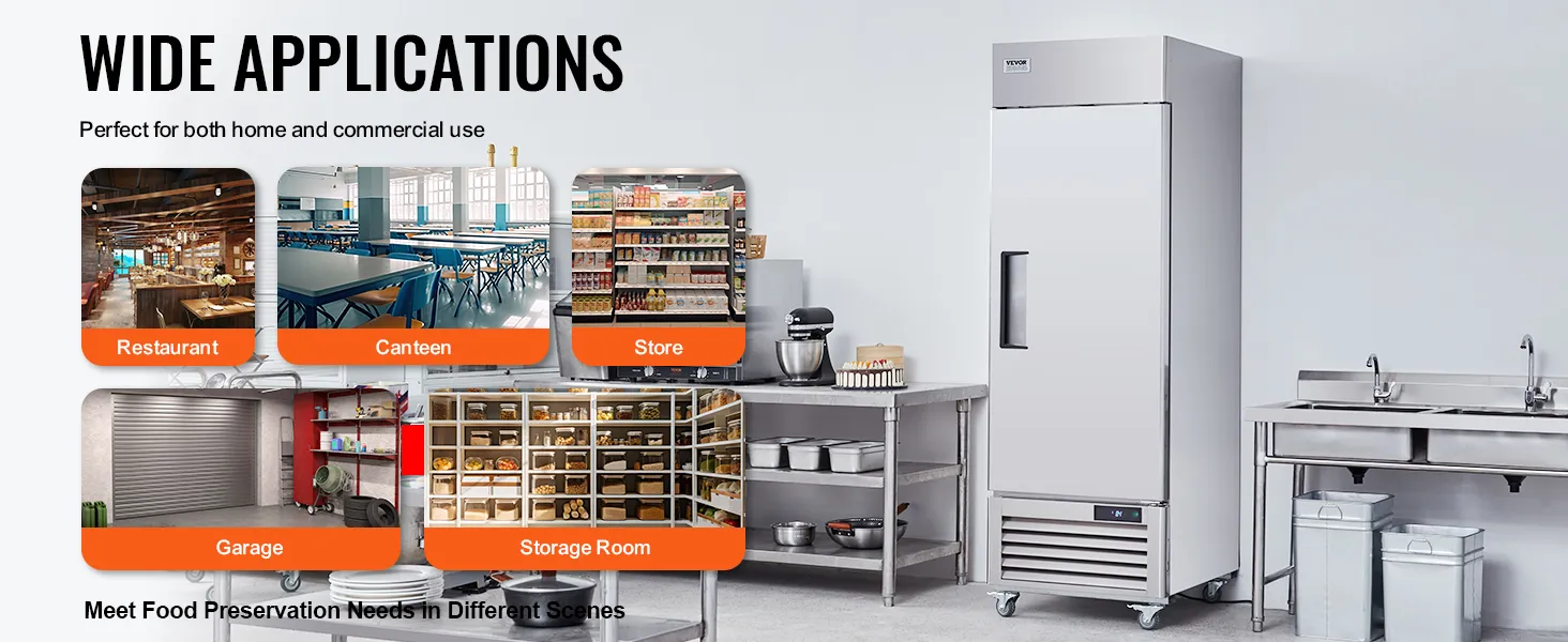 VEVOR commerciële koelkast in verschillende omgevingen: restaurant, kantine, winkel, garage, berging.
