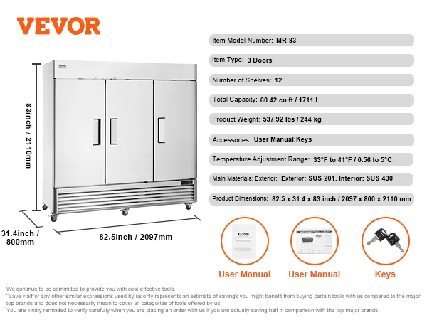 VEVOR commercial refrigerator, mr-83, 3 doors, 12 shelves, 537.92 lbs, sus 201 exterior, 82.5x31.4x83 inch.