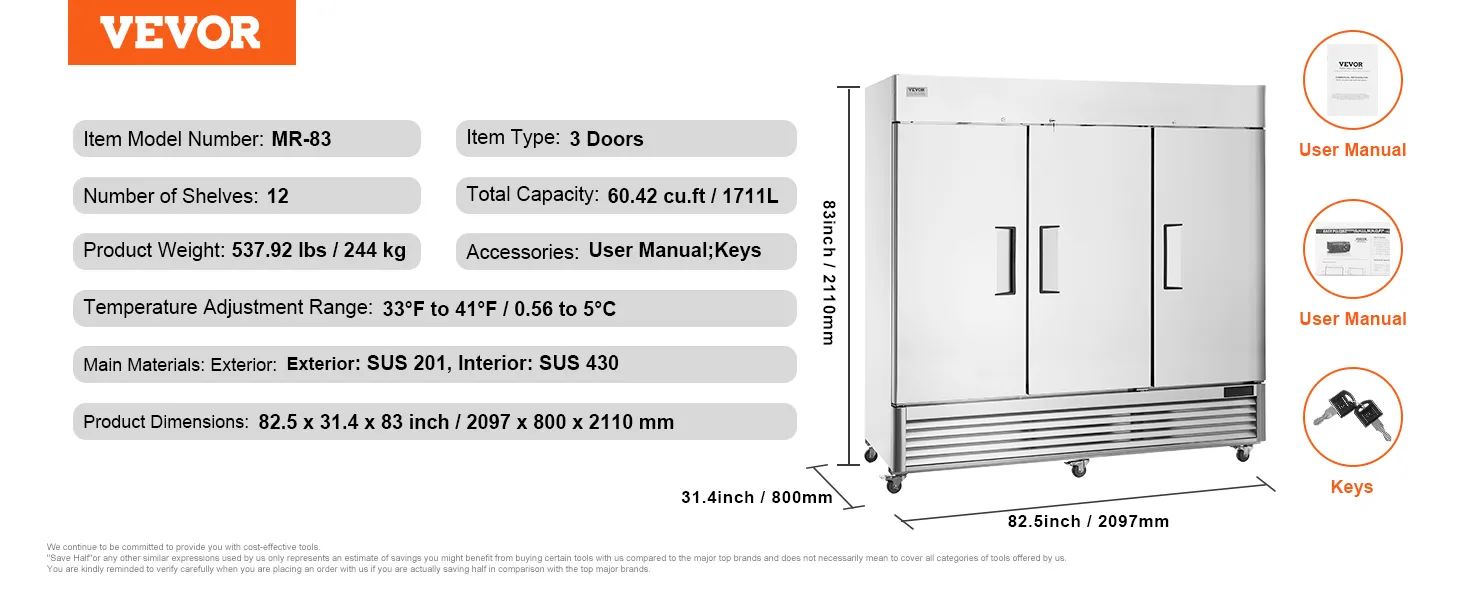 VEVOR commercial refrigerator, mr-83, 3 doors, 12 shelves, 537.92 lbs, sus 201 exterior, 82.5x31.4x83 inch.