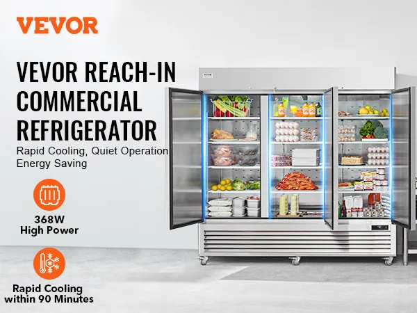 VEVOR commercial refrigerator with open doors showing various foods, featuring rapid cooling and energy saving.