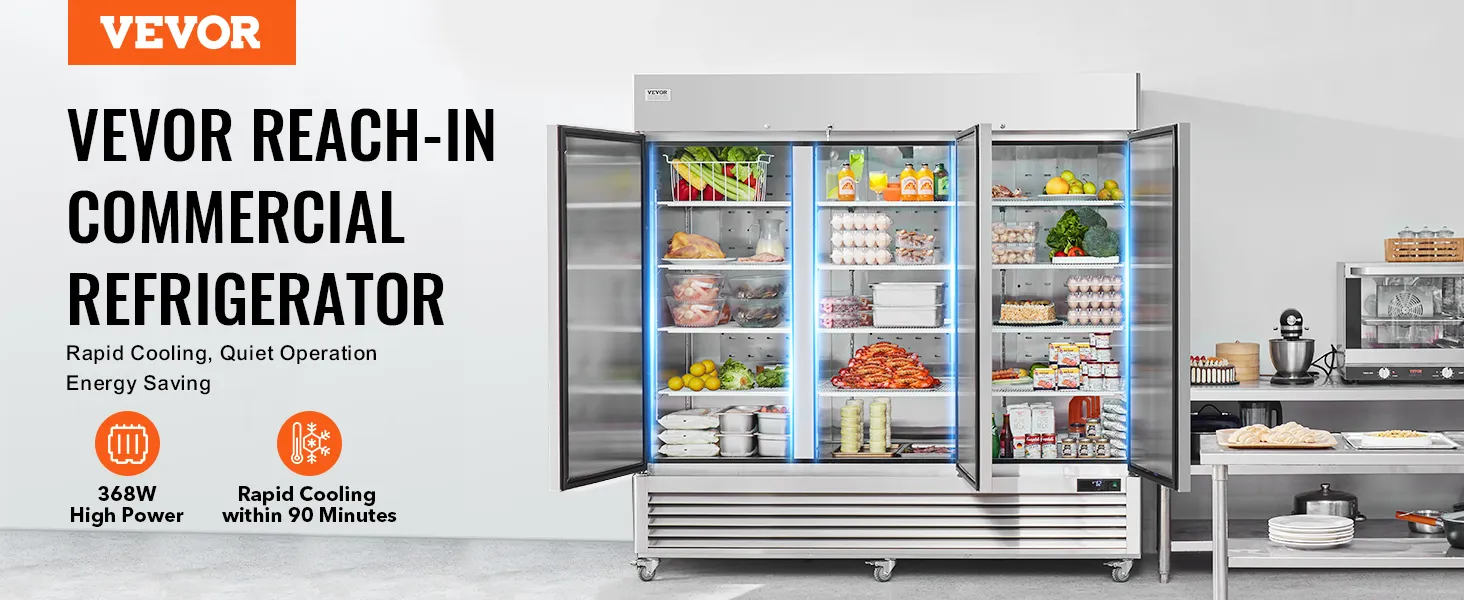 VEVOR commercial refrigerator with open doors showing various foods, featuring rapid cooling and energy saving.