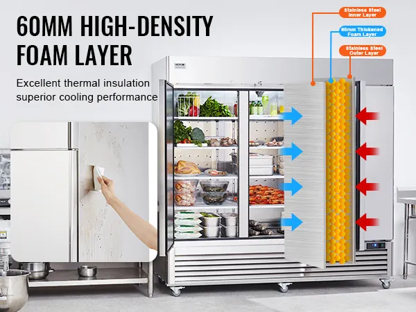 VEVOR commercial refrigerator with 60mm thickened foam layer for superior thermal insulation and cooling.