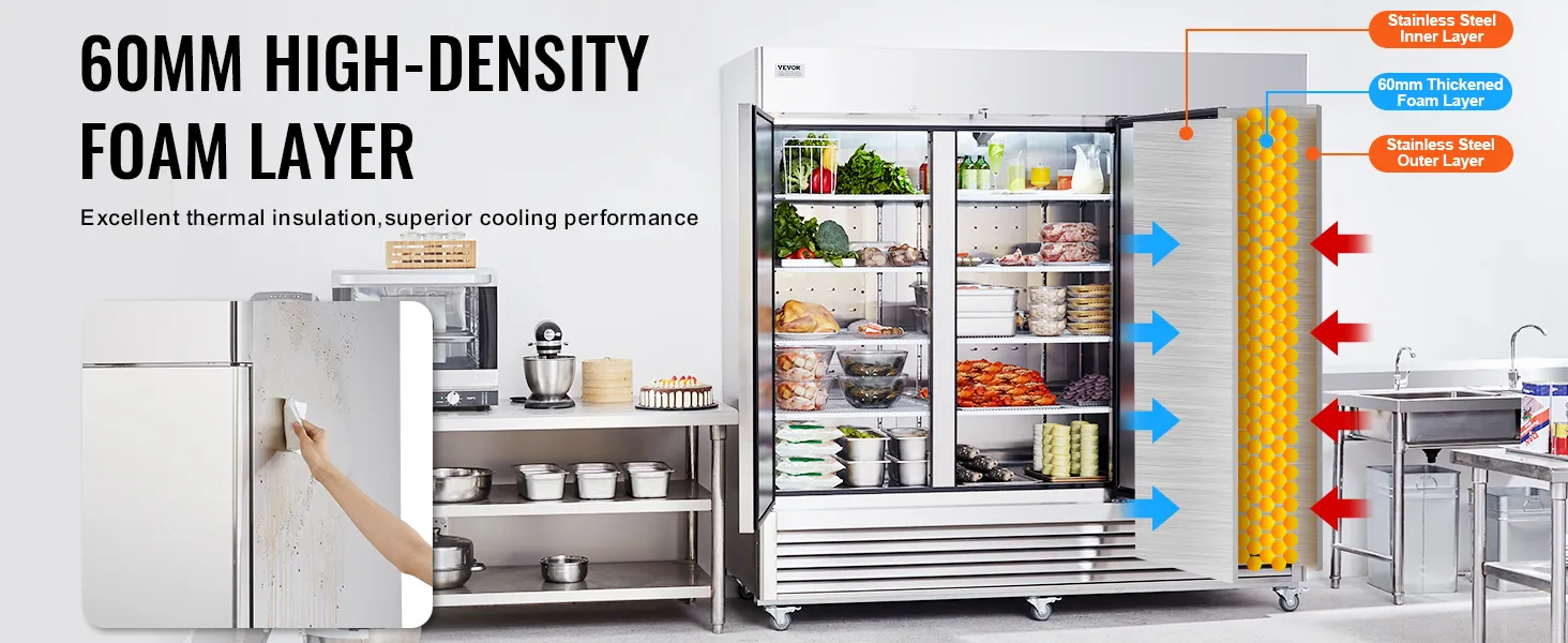 VEVOR commercial refrigerator with 60mm thickened foam layer for superior thermal insulation and cooling.