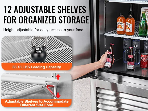 VEVOR commercial refrigerator with 12 adjustable shelves for organized storage, 88.18 lbs capacity.