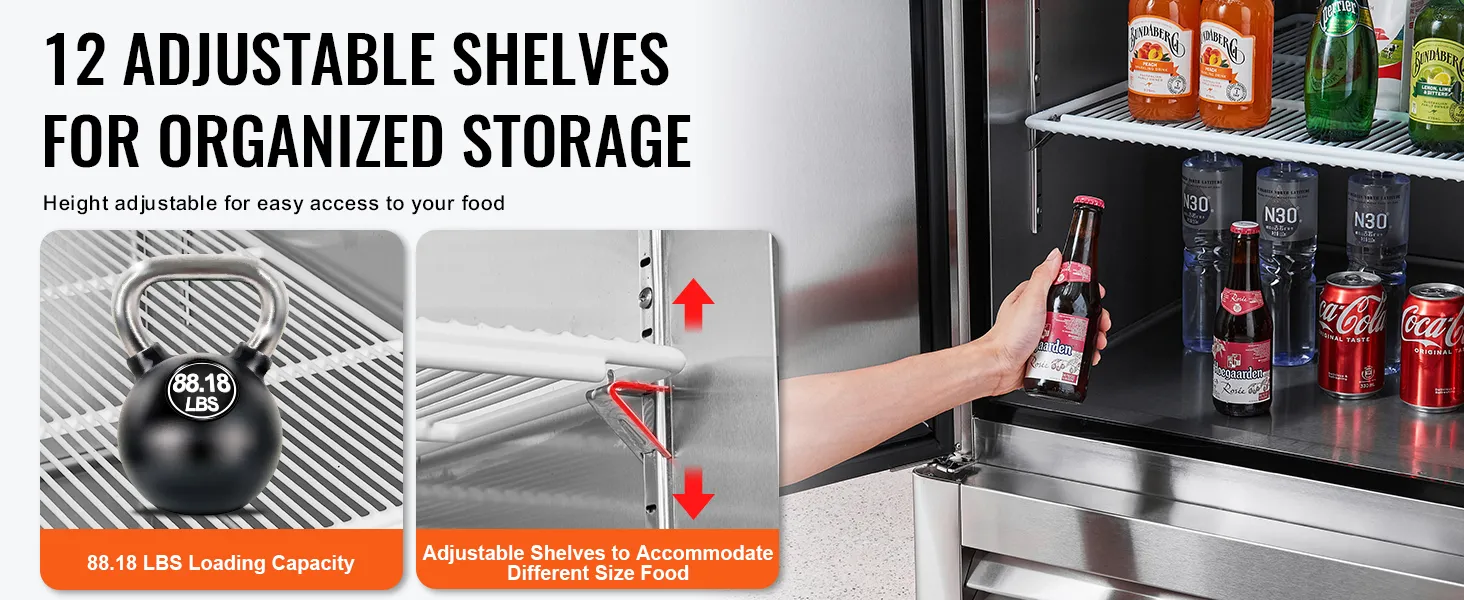 VEVOR commercial refrigerator with 12 adjustable shelves for organized storage, 88.18 lbs capacity.