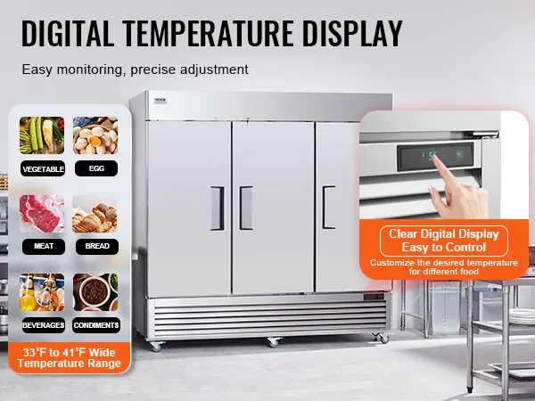 VEVOR commercial refrigerator with digital temperature display for precise food preservation in a kitchen setting.