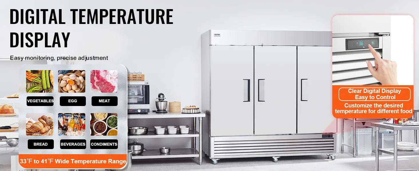 VEVOR commercial refrigerator with digital temperature display for precise food preservation in a kitchen setting.