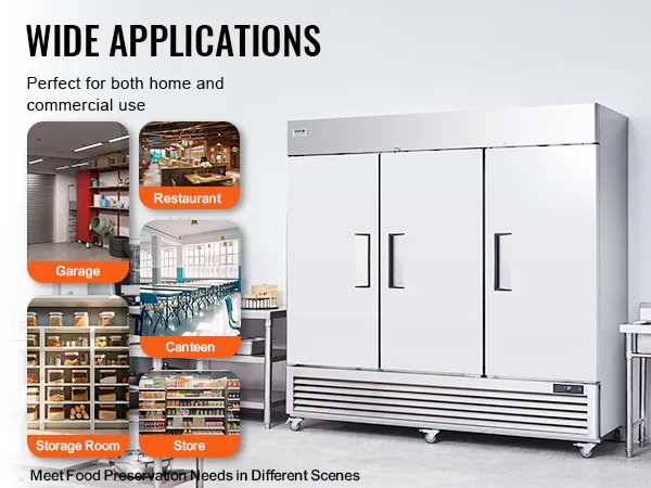 wide applications of the VEVOR commercial refrigerator for restaurant, canteen, store, garage, storage room.
