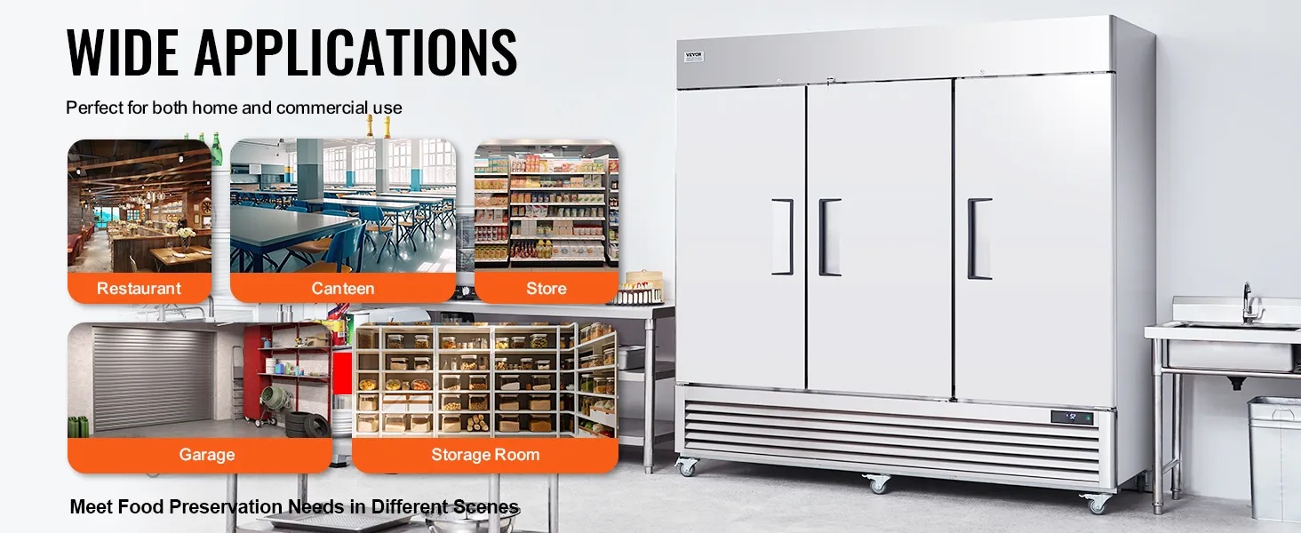 wide applications of the VEVOR commercial refrigerator for restaurant, canteen, store, garage, storage room.