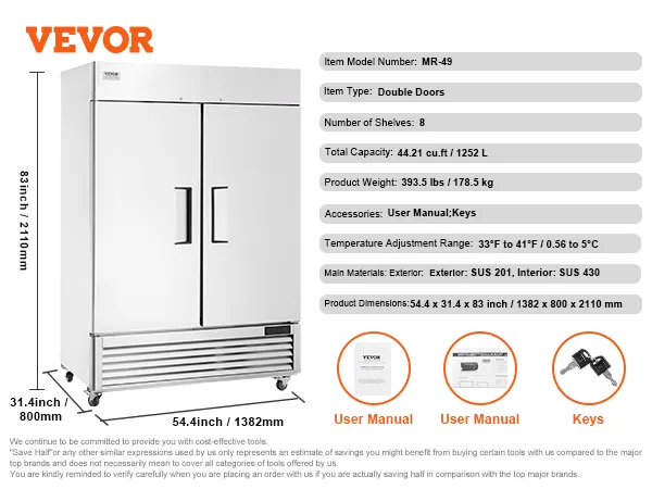 VEVOR commercial refrigerator mr-49, double doors, 8 shelves, 44.21 cu.ft, keys, user manual.