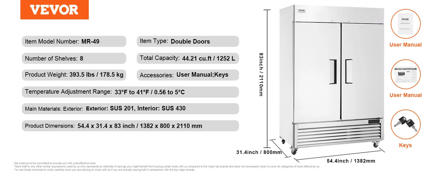 VEVOR commercial refrigerator mr-49, double doors, 8 shelves, 44.21 cu.ft, keys, user manual.