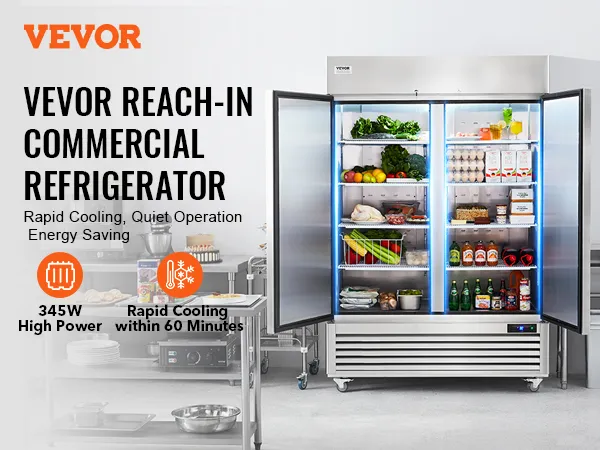 VEVOR commercial refrigerator in a kitchen with open doors showcasing organized food storage.